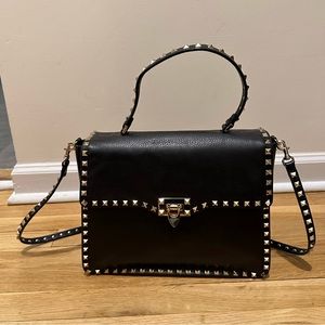 Valentino Garavani Vitello Medium Rockstud Single Handle Flap Bag Black